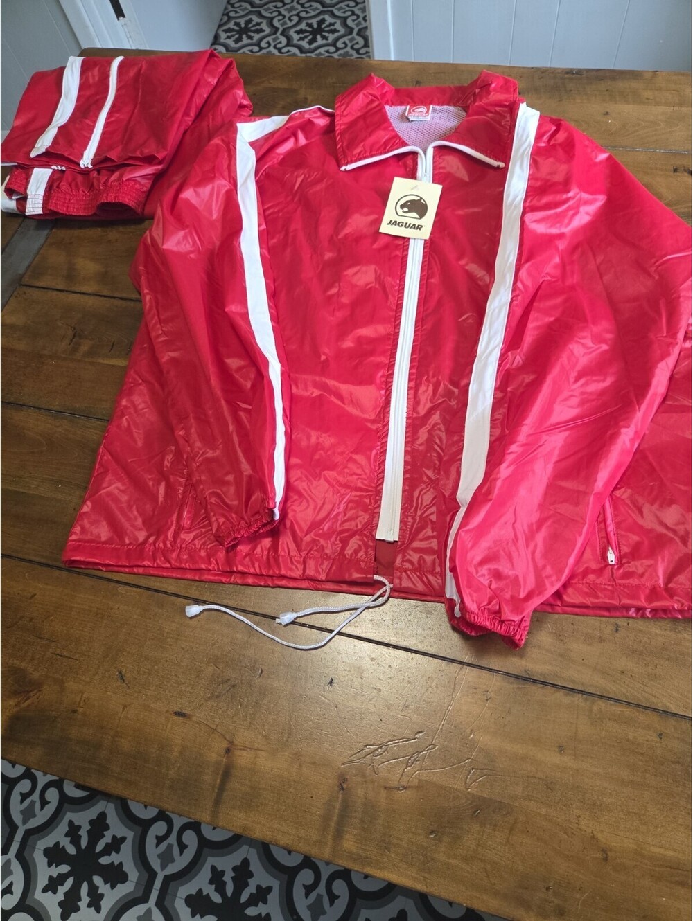 Vintage Jaguar Tracksuit Mens XL Deadstock Red Nylon 2 Piece Windbreaker 80s